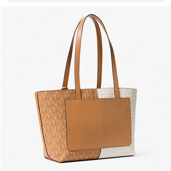 NWT Michael Kors Jet Set Medium Two-Tone Logo Tote Bag, Tan & Cream - Picture 3 of 4
